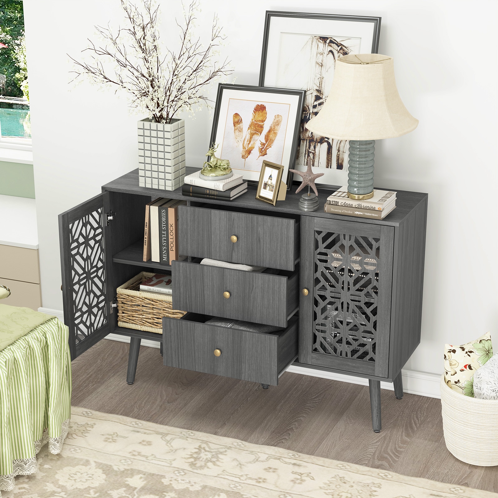 Accent Cabinet With Drawers And 2 Doors, Retro Hollow Carved Buffet Cabinet, Sideboard With Storage, Credenza For Living Room, Kitchen, Dinning Room, Hallway_voghion.com